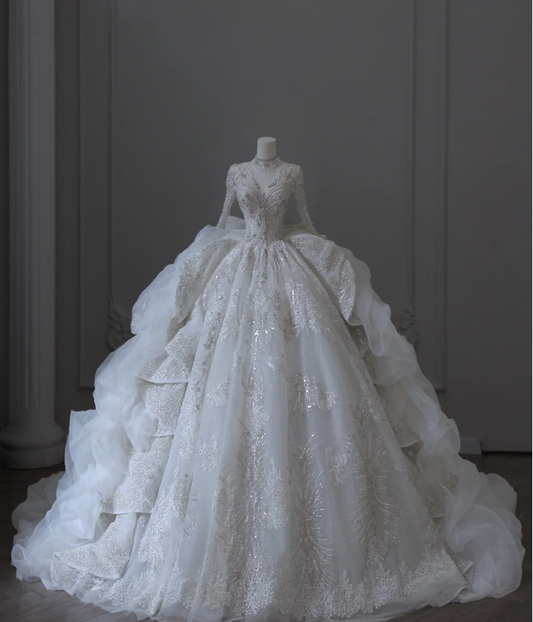 French Palace V-neck long-sleeved dreamy and shiny floor-length wedding dress P2610