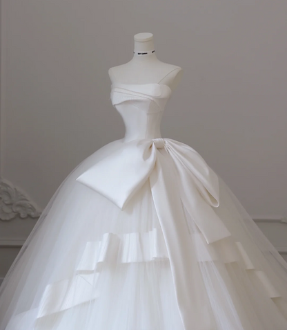 Elegant White Strapless Bowknot Tulle A-Line Floor-Length Wedding Dress P2611
