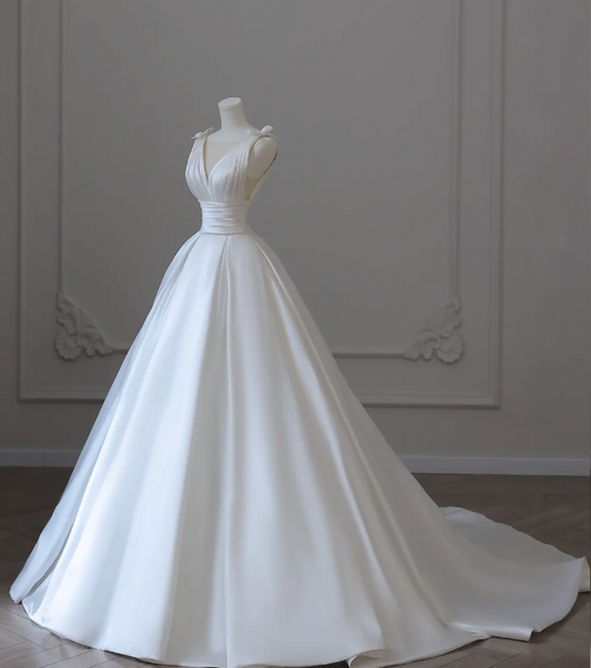 Simple White V-Neck Sleeveless Waisted A-Line Satin Wedding Dress P2612