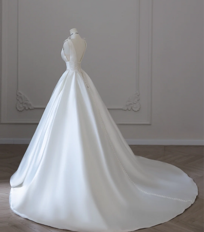 Simple White V-Neck Sleeveless Waisted A-Line Satin Wedding Dress P2612