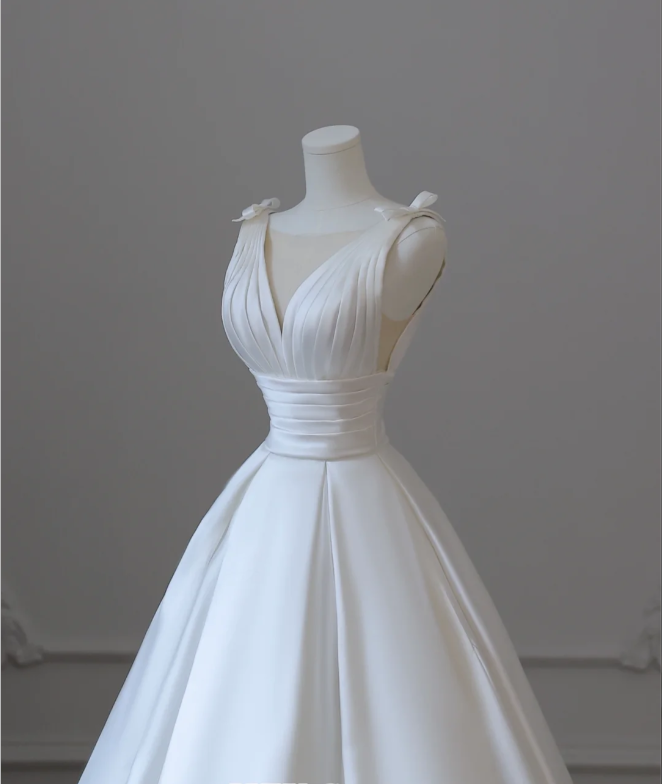 Simple White V-Neck Sleeveless Waisted A-Line Satin Wedding Dress P2612