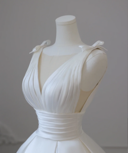Simple White V-Neck Sleeveless Waisted A-Line Satin Wedding Dress P2612