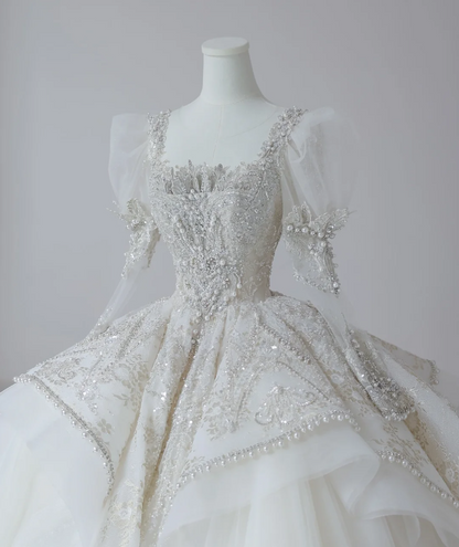 Fantasy French Square Neck Puff Sleeves Shiny Beaded Tulle Floor-Length Wedding Dress P2613