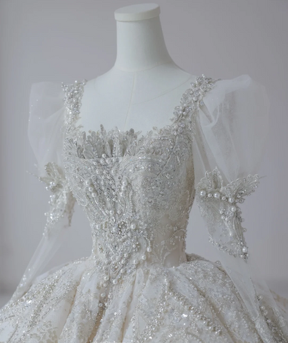 Fantasy French Square Neck Puff Sleeves Shiny Beaded Tulle Floor-Length Wedding Dress P2613