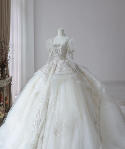 Fantasy French Square Neck Puff Sleeves Shiny Beaded Tulle Floor-Length Wedding Dress P2613