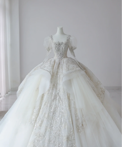 Fantasy French Square Neck Puff Sleeves Shiny Beaded Tulle Floor-Length Wedding Dress P2613