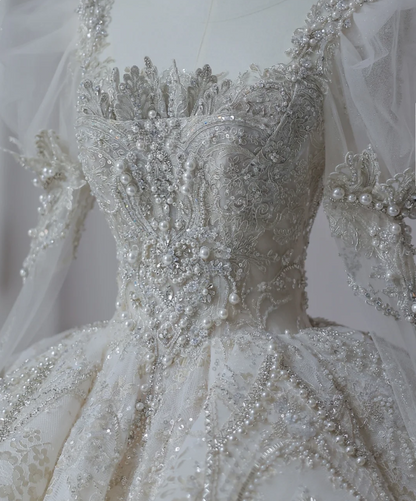 Fantasy French Square Neck Puff Sleeves Shiny Beaded Tulle Floor-Length Wedding Dress P2613