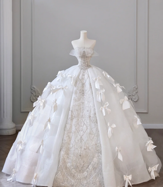 White Strapless Princess Off-shoulder Bowknot Tulle Wedding Dress P2614