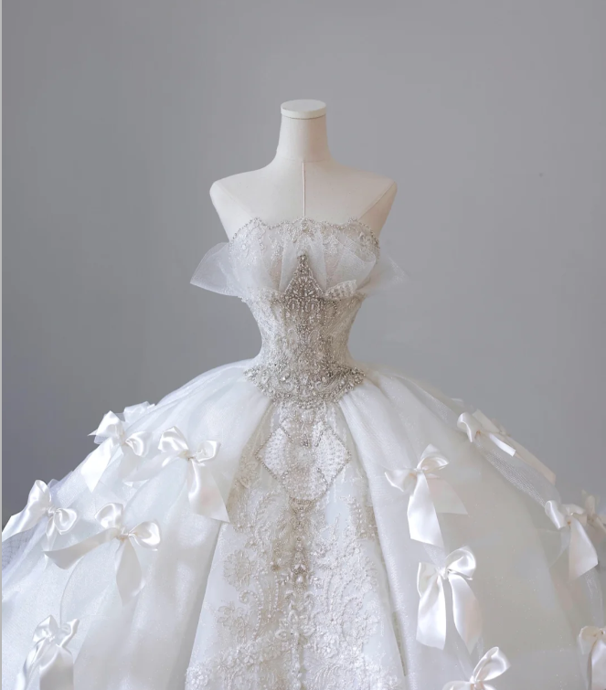 White Strapless Princess Off-shoulder Bowknot Tulle Wedding Dress P2614