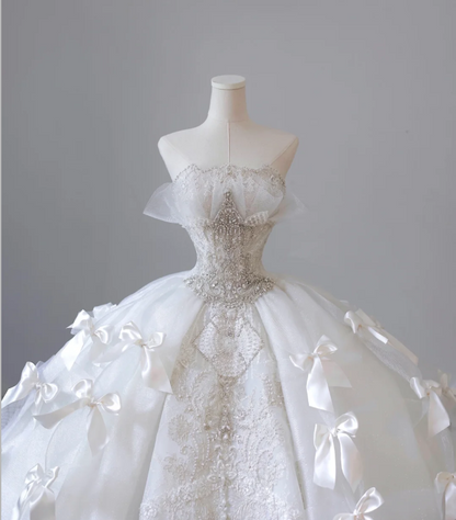White Strapless Princess Off-shoulder Bowknot Tulle Wedding Dress P2614