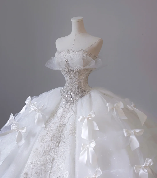 White Strapless Princess Off-shoulder Bowknot Tulle Wedding Dress P2614