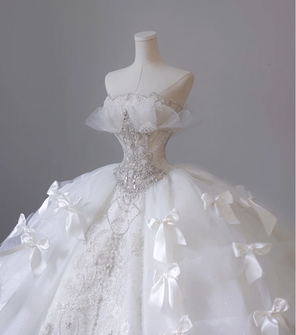 White Strapless Princess Off-shoulder Bowknot Tulle Wedding Dress P2614