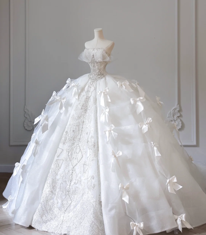 White Strapless Princess Off-shoulder Bowknot Tulle Wedding Dress P2614