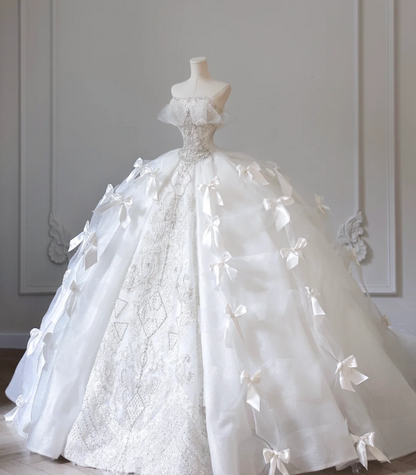 White Strapless Princess Off-shoulder Bowknot Tulle Wedding Dress P2614