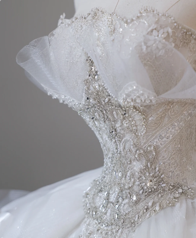 White Strapless Princess Off-shoulder Bowknot Tulle Wedding Dress P2614