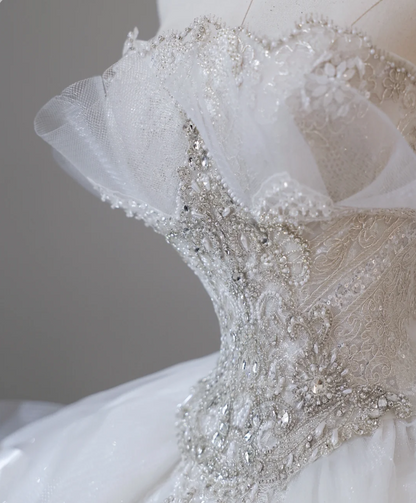 White Strapless Princess Off-shoulder Bowknot Tulle Wedding Dress P2614