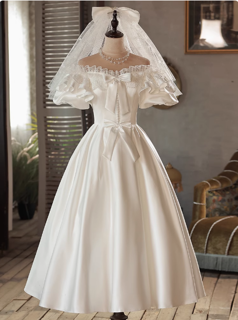 Vintage White Satin Puff Sleeve Bowknot One Shoulder Mid-Length Wedding Dress P2616