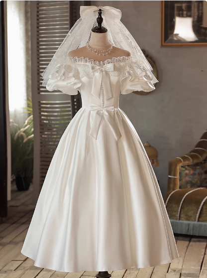 Vintage White Satin Puff Sleeve Bowknot One Shoulder Mid-Length Wedding Dress P2616