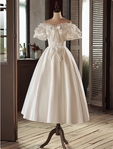 Vintage White Satin Puff Sleeve Bowknot One Shoulder Mid-Length Wedding Dress P2616