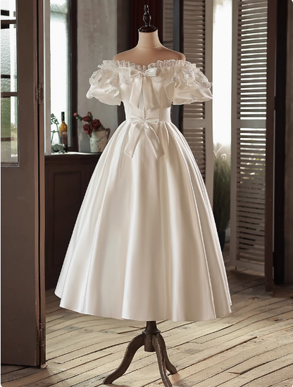 Vintage White Satin Puff Sleeve Bowknot One Shoulder Mid-Length Wedding Dress P2616