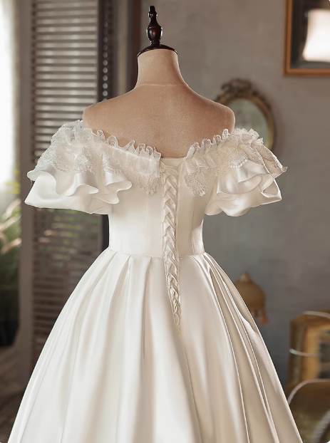 Vintage White Satin Puff Sleeve Bowknot One Shoulder Mid-Length Wedding Dress P2616