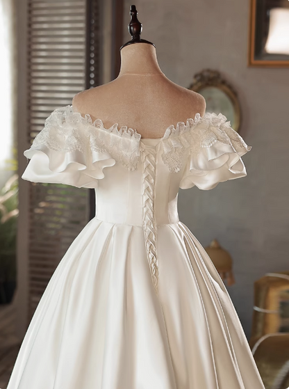 Vintage White Satin Puff Sleeve Bowknot One Shoulder Mid-Length Wedding Dress P2616