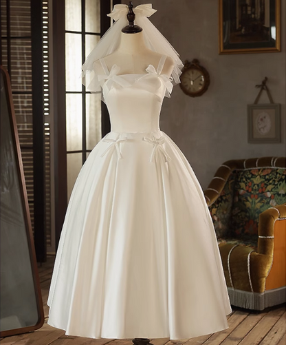 White Strap Bow Satin A-line Back Tie Light Wedding Dress P2618