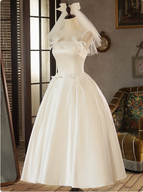 White Strap Bow Satin A-line Back Tie Light Wedding Dress P2618