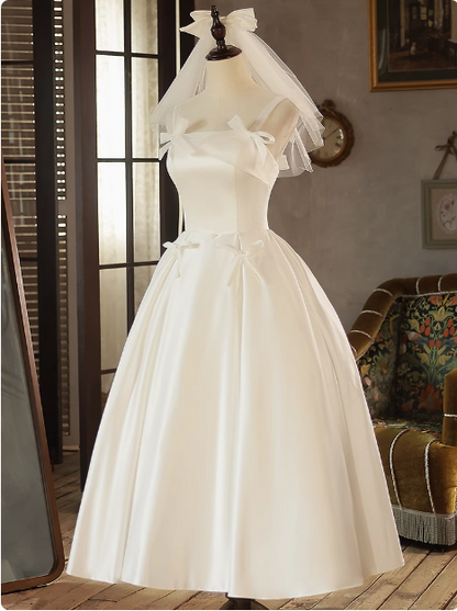 White Strap Bow Satin A-line Back Tie Light Wedding Dress P2618