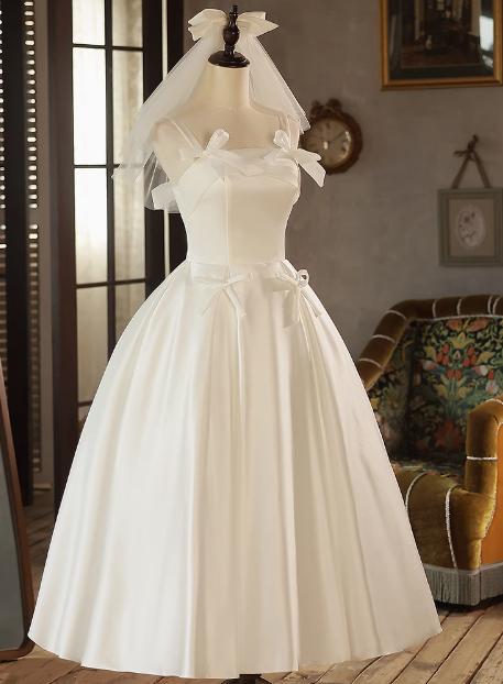 White Strap Bow Satin A-line Back Tie Light Wedding Dress P2618