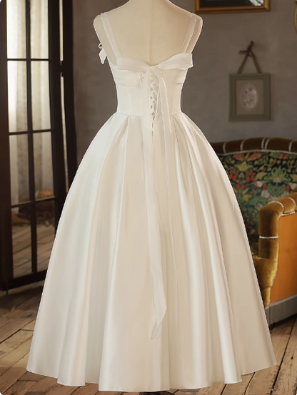 White Strap Bow Satin A-line Back Tie Light Wedding Dress P2618