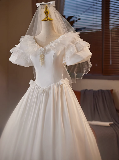 Vintage Satin V-Neck Short Sleeve Lace A-Line Wedding Dress P2619