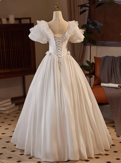 Vintage Satin V-Neck Short Sleeve Lace A-Line Wedding Dress P2619