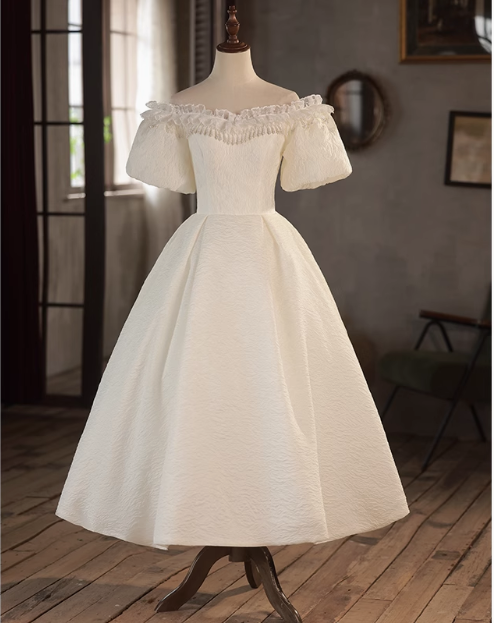 Vintage One Shoulder Lace Trim Short Sleeve A-Line Back Tie Wedding Dress P2620