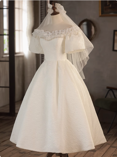 Vintage One Shoulder Lace Trim Short Sleeve A-Line Back Tie Wedding Dress P2620