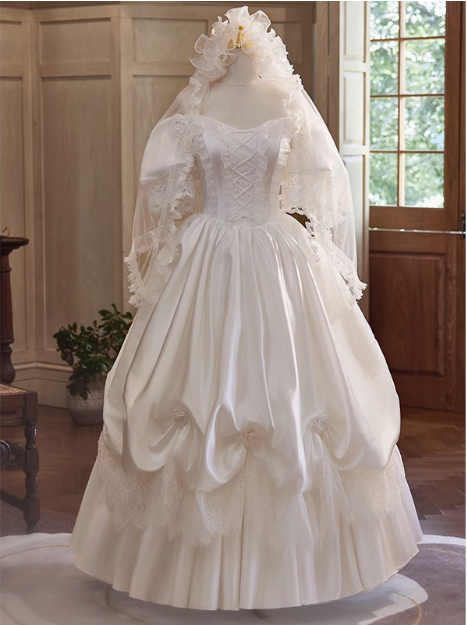French Retro Palace Off-shoulder Satin Lace Wedding Dress P2621