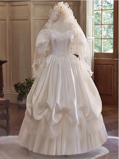 French Retro Palace Off-shoulder Satin Lace Wedding Dress P2621