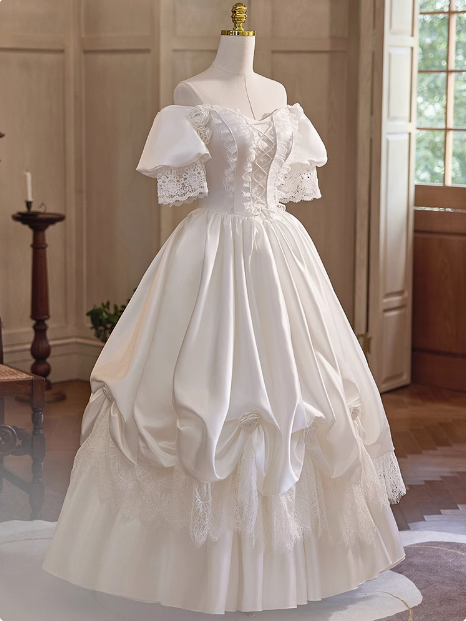 French Retro Palace Off-shoulder Satin Lace Wedding Dress P2621