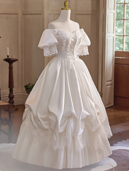 French Retro Palace Off-shoulder Satin Lace Wedding Dress P2621