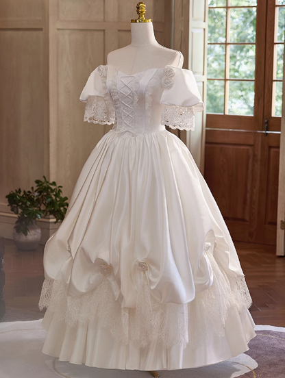 French Retro Palace Off-shoulder Satin Lace Wedding Dress P2621