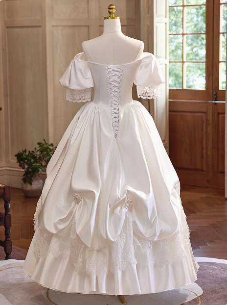 French Retro Palace Off-shoulder Satin Lace Wedding Dress P2621