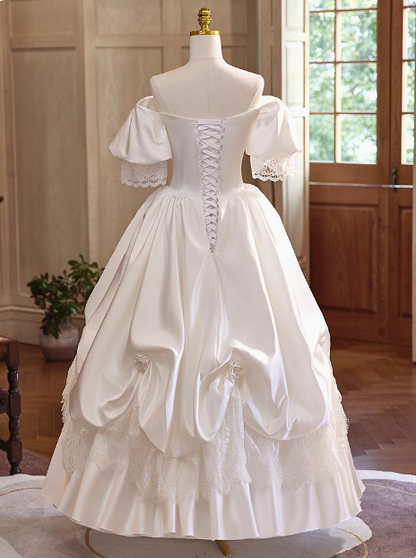 French Retro Palace Off-shoulder Satin Lace Wedding Dress P2621