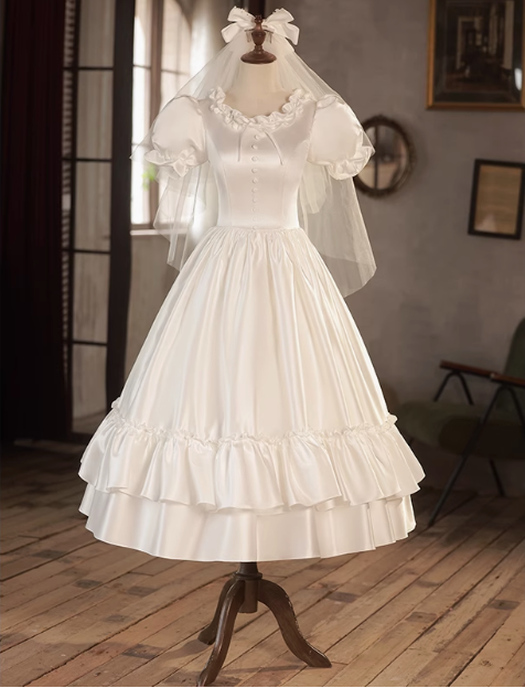 Princess Round Neck Puff Sleeves Satin Short A-Line Wedding Dress P2622