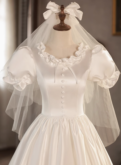 Princess Round Neck Puff Sleeves Satin Short A-Line Wedding Dress P2622