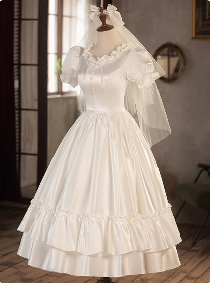 Princess Round Neck Puff Sleeves Satin Short A-Line Wedding Dress P2622