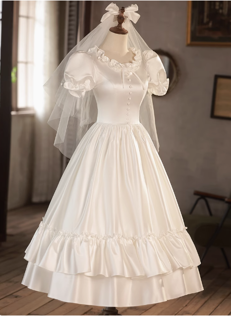 Princess Round Neck Puff Sleeves Satin Short A-Line Wedding Dress P2622