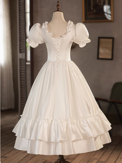 Princess Round Neck Puff Sleeves Satin Short A-Line Wedding Dress P2622