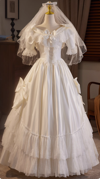 French Retro Short Sleeve Bow Satin Lace Wedding Dress P2623