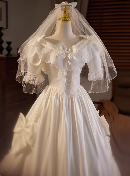 French Retro Short Sleeve Bow Satin Lace Wedding Dress P2623