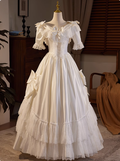 French Retro Short Sleeve Bow Satin Lace Wedding Dress P2623